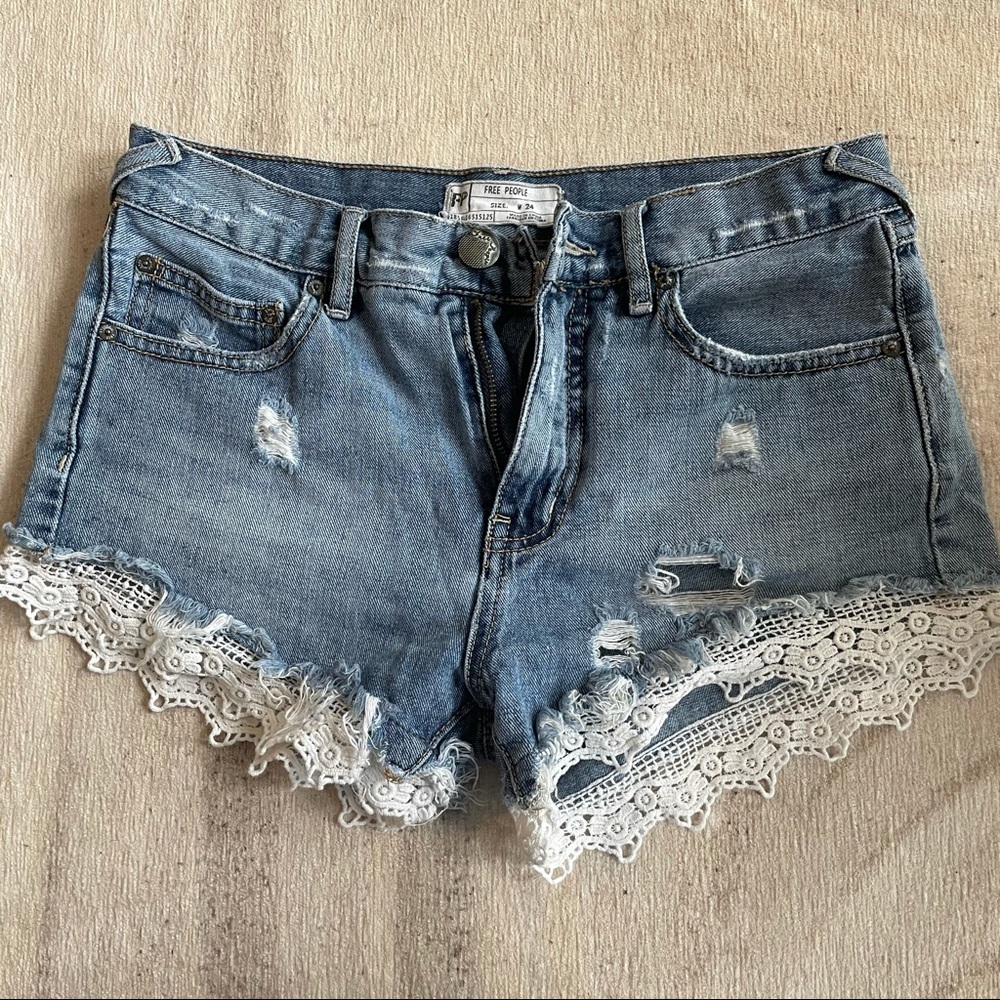 Free People Lace Trim Denim Shorts